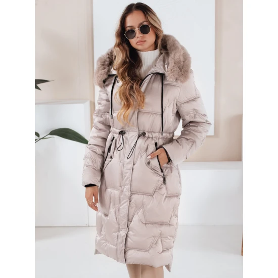 Moteriška ilga žieminė striukė su kailiuku smėlio spalvos Velis Moteriškos striukės