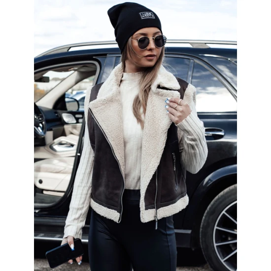 Moteriška tamsiai ruda liemenė su kailiuku Wool Moteriškos liemenės