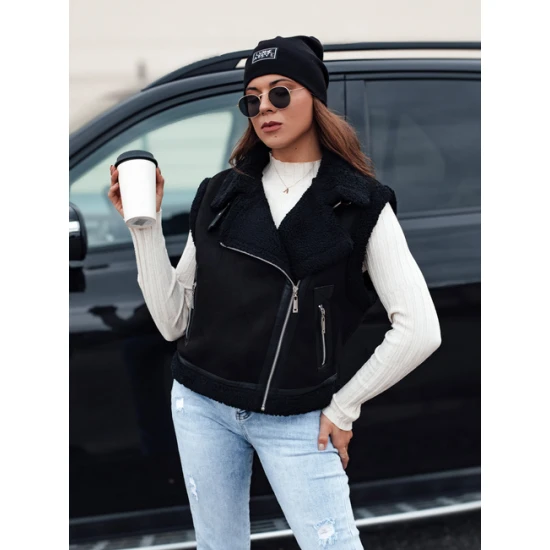 Moteriška juoda liemenė su kailiuku Wool Moteriškos liemenės