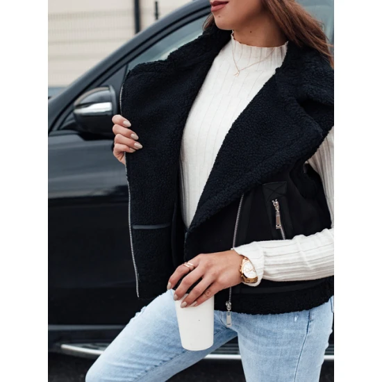 Moteriška juoda liemenė su kailiuku Wool Moteriškos liemenės