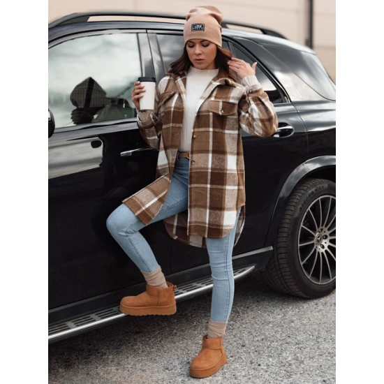 Moteriškas rudas marškinių stiliaus švarkas Plaidify Moteriškos striukės