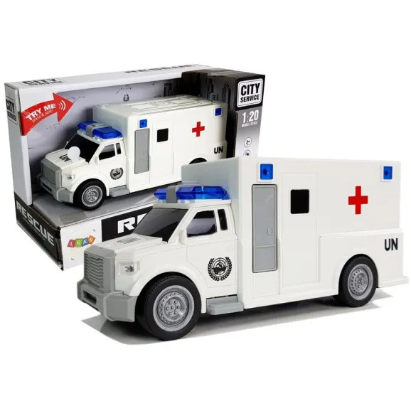 Valkoinen ambulanssi, jossa on ääni- ja valoefektejä Yrityksen autot