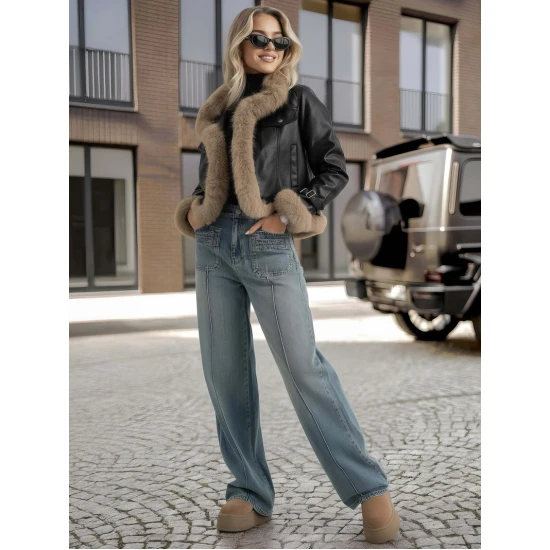 Moteriška juoda odinė striukė su kailiu Bali Moteriškos striukės