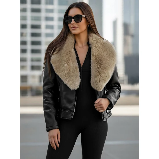 Moteriška juoda odinė striukė su rusvu kailiuku Laser Moteriškos striukės