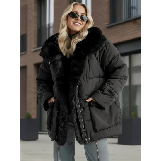 Moteriška juoda striukė su kailiu Sora Moteriškos striukės