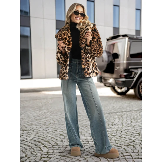 Moteriška ruda kailinė striukė su gyvūniniu raštu Leopard Moteriškos striukės