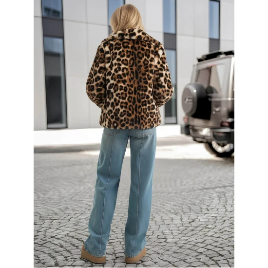 Moteriška ruda kailinė striukė su gyvūniniu raštu Leopard Moteriškos striukės