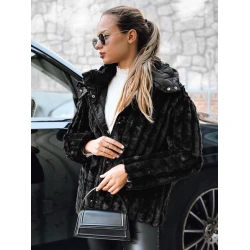 Moteriškas juodas kailinis švarkas su gobtuvu Marly