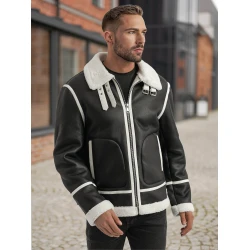 Men's black leather jacket with white fur Capri