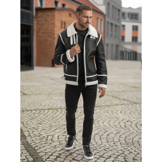 Vyriška juoda odinė striukė su baltu kailiu Capri Odinės striukės