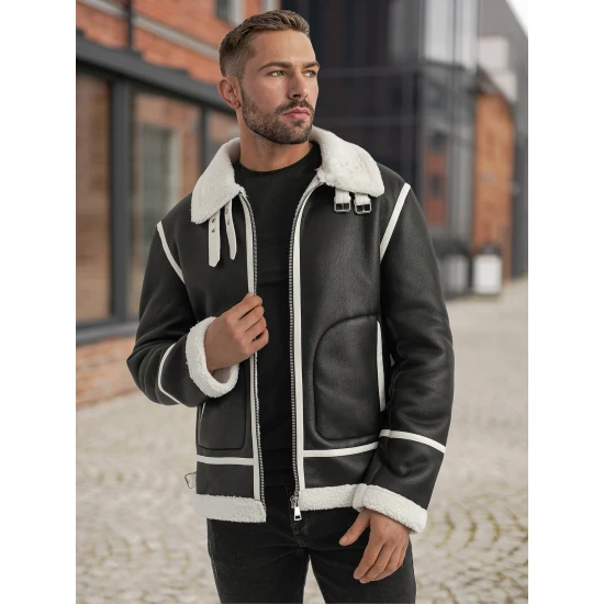 Vyriška juoda odinė striukė su baltu kailiu Capri Odinės striukės