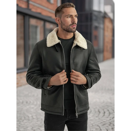 Vyriška juoda odinė striukė su kailiumi Andy