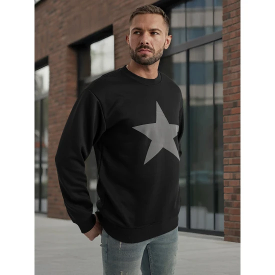 Vyriškas juodas džemperis be gobtuvo Star Džemperiai su užrašais