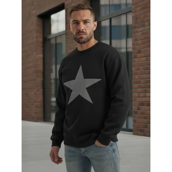 Vyriškas juodas džemperis be gobtuvo Star Džemperiai su užrašais