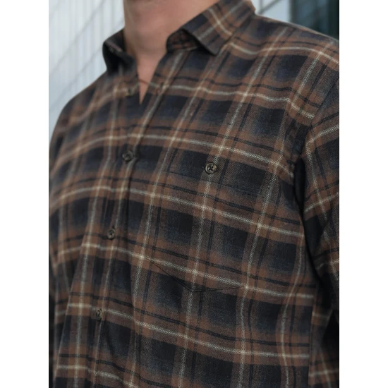 Vyriški tamsiai mėlyni-rudi languoti marškiniai Marino Marškiniai