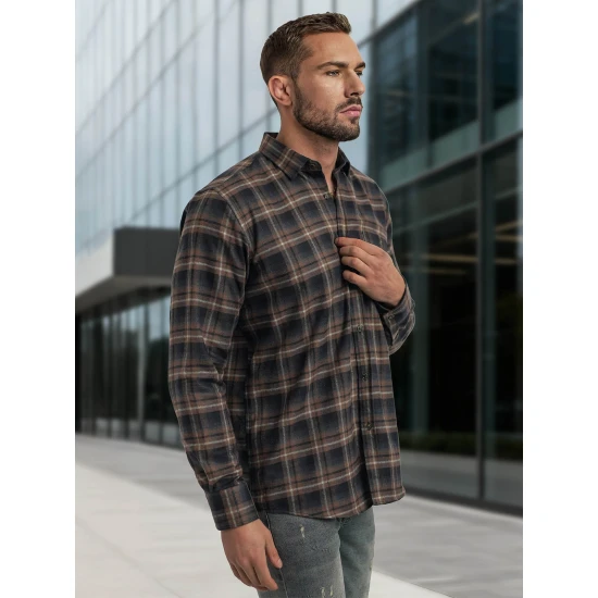 Vyriški tamsiai mėlyni-rudi languoti marškiniai Marino Marškiniai