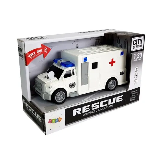 Valkoinen ambulanssi, jossa on ääni- ja valoefektejä Yrityksen autot