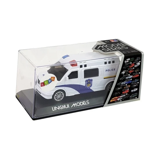 Baltas policijos automobilis su šviesoso ir garso efektais Tarnybiniai automobiliai