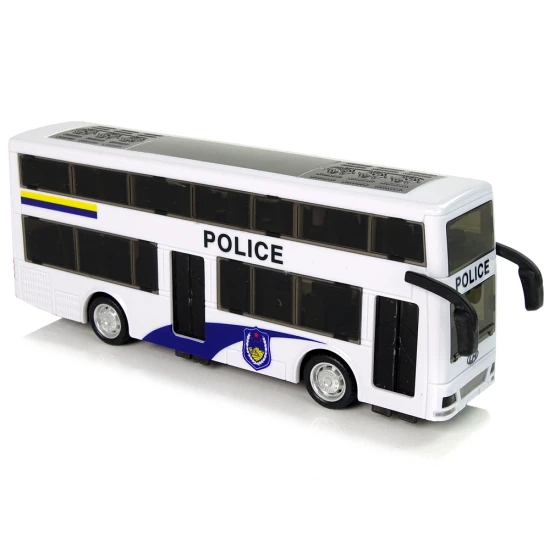 Baltas dviaukštis policijos autobusas Tarnybiniai automobiliai