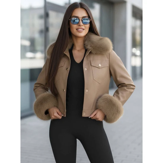 Moteriška rusva odinė striukė su kailiuku Portal Moteriškos striukės