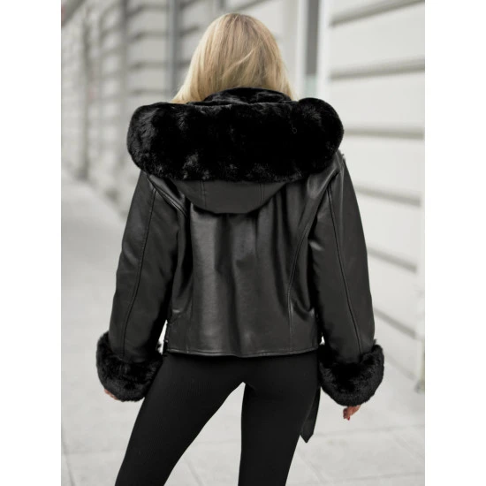 Moteriška juoda striukė su juodu kailiu Nikol Moteriškos striukės