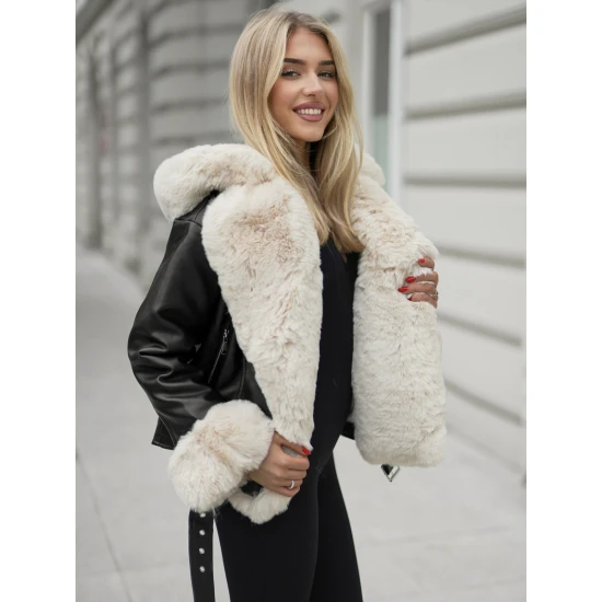 Moteriška juoda striukė su kailiu Nikol Moteriškos striukės