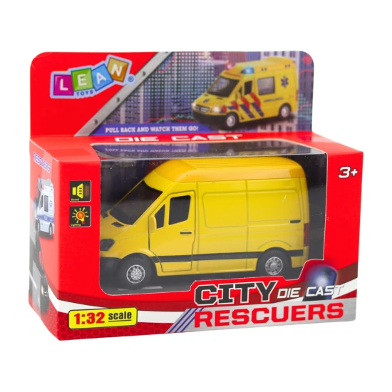 Geltonas pristatymo autobusas su šviesos ir garso efektu Autobusai