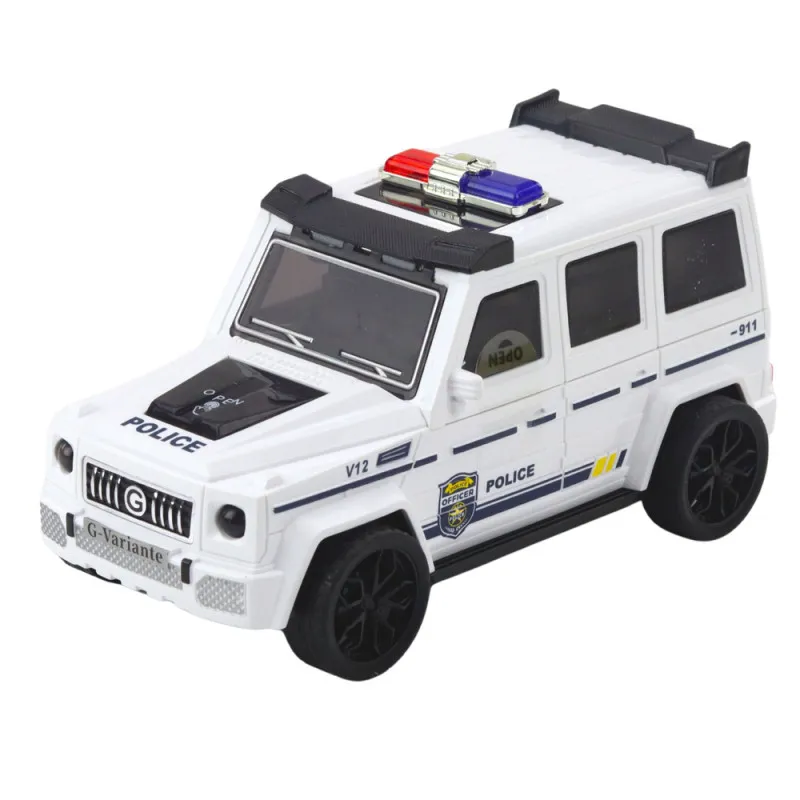 Valkoinen poliisiauto, jossa on valo- ja äänitehoste Yrityksen autot