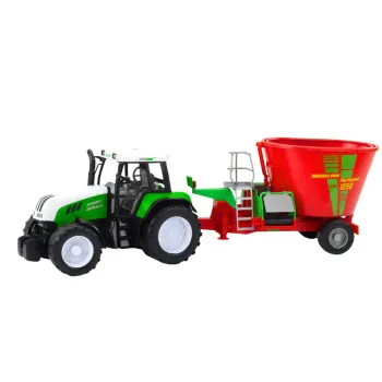 Green tractor with trailer and feed mixer