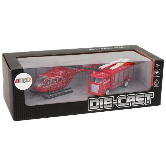 Raudonas ugniagesių automobilio komplektas su sraigtasparniu Automobilių rinkiniai