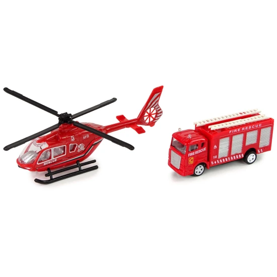 Raudonas ugniagesių automobilio komplektas su sraigtasparniu Automobilių rinkiniai