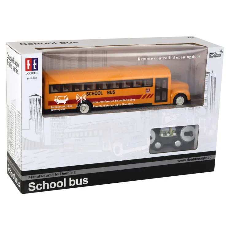 Geltonas nuotoliniu būdu valdomas R/C mokyklinis autobusas su atidaromomis durimis Radijo bangomis valdomi žaislai