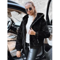 Moteriškas juodas kailinis švarkas su gobtuvu Jules