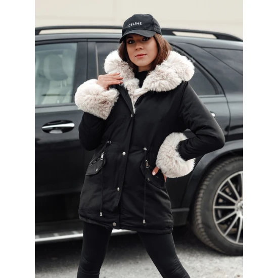 Moteriška juoda su rusvu kailiuku striukė Gibon Moteriškos striukės