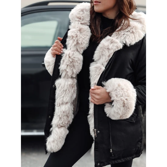 Moteriška juoda su rusvu kailiuku striukė Gibon Moteriškos striukės