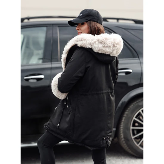 Moteriška juoda su rusvu kailiuku striukė Gibon Moteriškos striukės