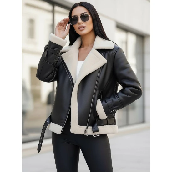 Moteriška juoda odinė striukė su baltu kailiuku Elen JS/11Z8177