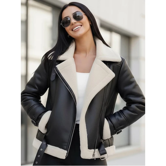 Moteriška juoda odinė striukė su baltu kailiuku Elen JS/11Z8177