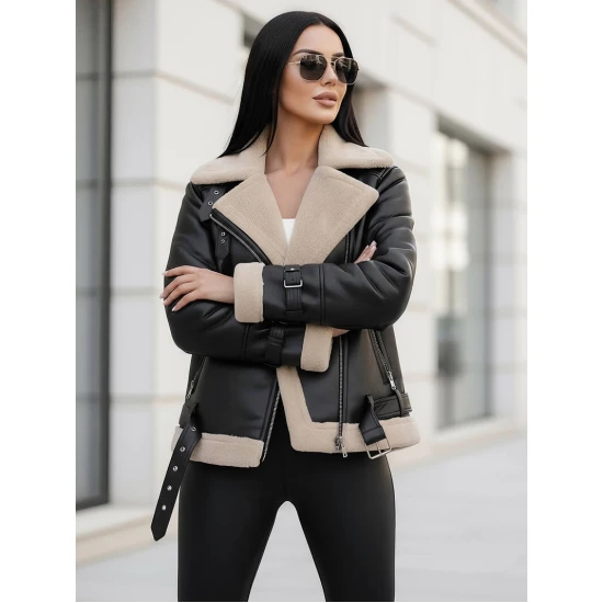 Moteriška juoda odinė striukė su kailiuku Elen Striukės