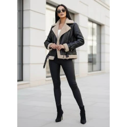 Moteriška juoda odinė striukė su kailiuku Elen