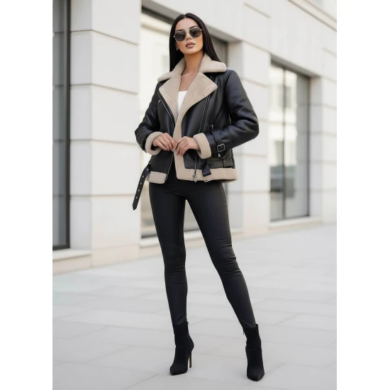 Moteriška juoda odinė striukė su kailiuku Elen Striukės