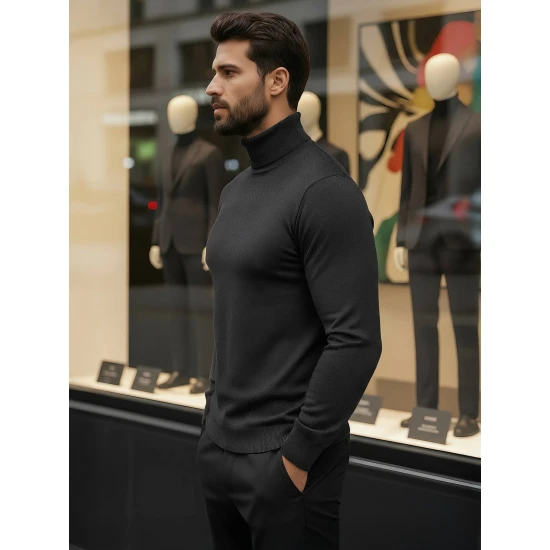 Vyriškas tamsiai pilkas megztinis aukštu kaklu Lenox Megztiniai