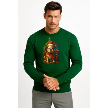 Ciemnozielona bluza bez kaptura z motywem świątecznego psa