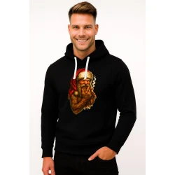 Juodas džemperis su gobtuvu Kalėdų senelis su cigaru