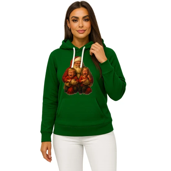 Tamsiai žalias džemperis su gobtuvu Kalėdų senelis su vaikais