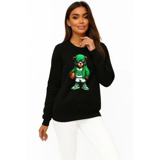 Moteriškas juodas džemperis Meškinas su kamuoliu Džemperiai su spauda