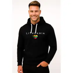 Vyriškas juodas džemperis su gobtuvu Lithuania (balta)