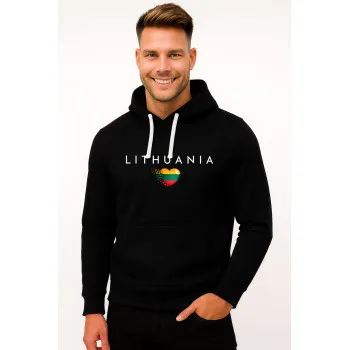 Мужской чёрный свитшот с капюшоном Lithuania (белый)