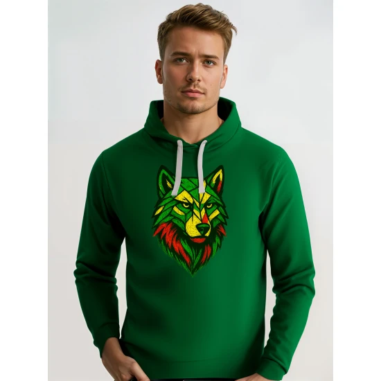 Vyriškas tamsiai žalias džemperis Geometrinis vilkas Džemperiai su gobtuvu