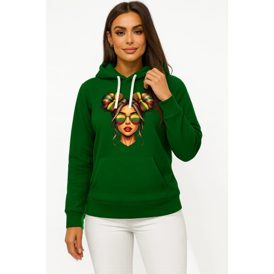 Moteriškas tamsiai žalias džemperis Lietuvaitė su akiniais Džemperiai su gobtuvu